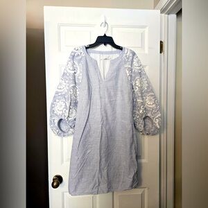 Alice & Trixie Pinstripe Shift Dress XL Blue & White Embroidered Balloon Sleeves